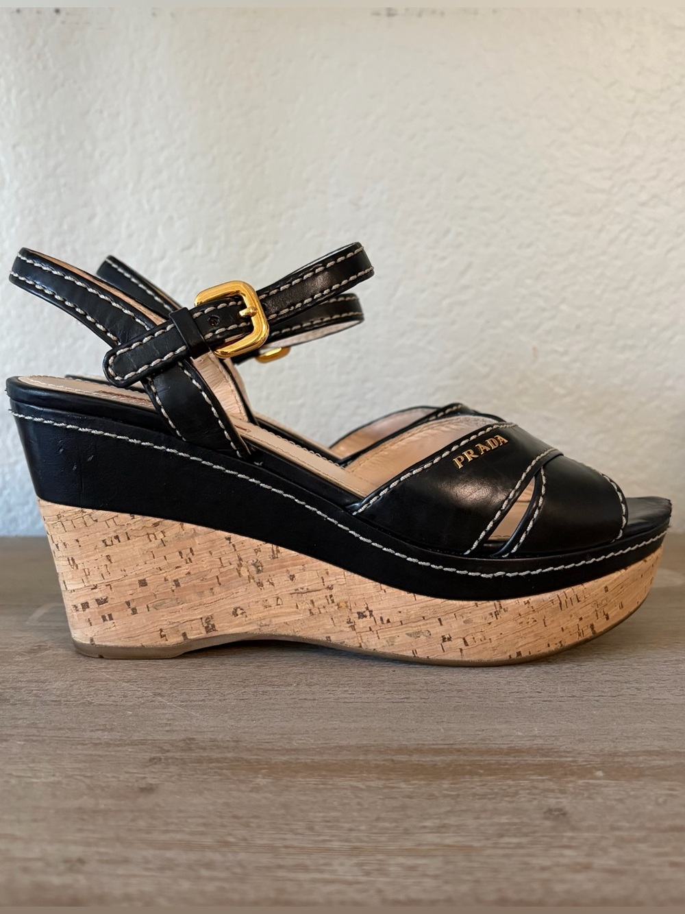 Prada Black Leather Contrast Stitch Cork Wedge Sandal 37